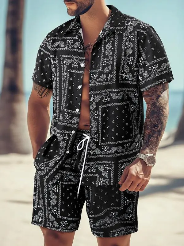 Men's All-Over Print Shirt & Shorts Set Casual Button Collar, Drawstring Waist, Tropical Summer