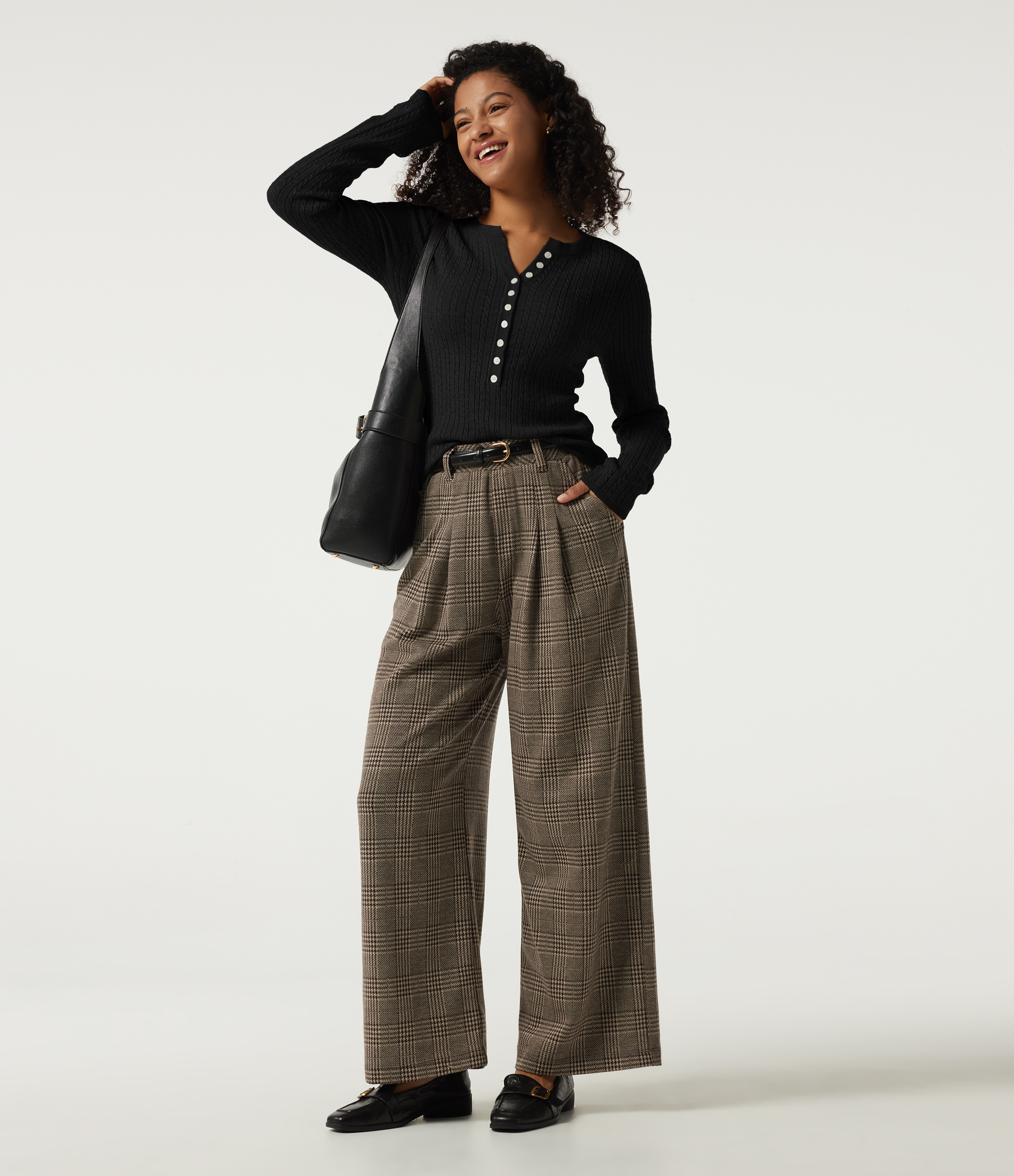 Henley Neck Cable Stitch Long Sleeve Work Sweater