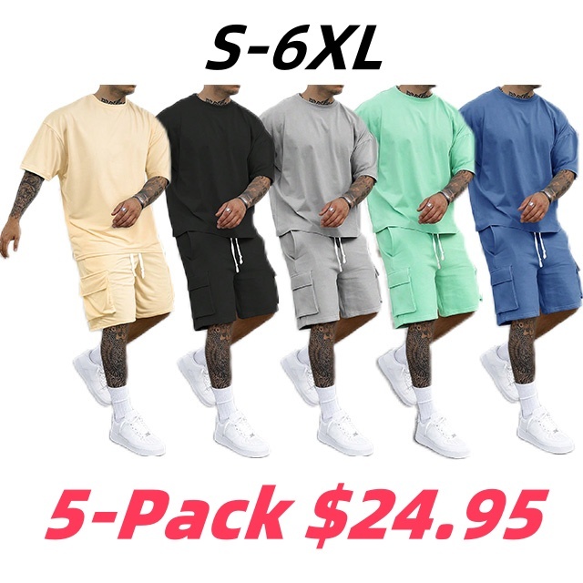 [S-6XL] Men's Solid Tee & Cargo Shorts Set