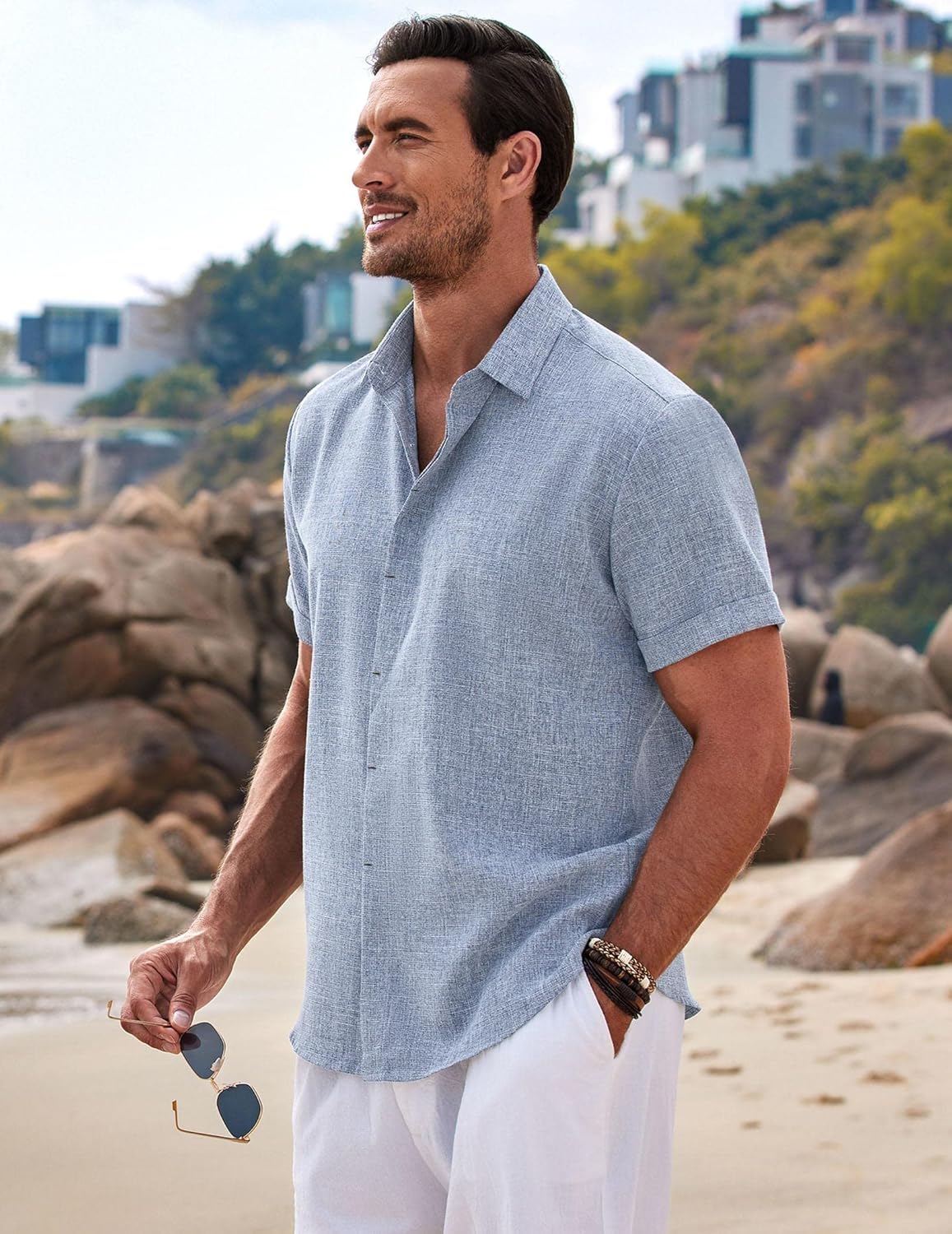 Men's Linen Shirts Short Sleeve Casual Shirts Button Down Shirt for Men Beach Summer Wedding Shirt
