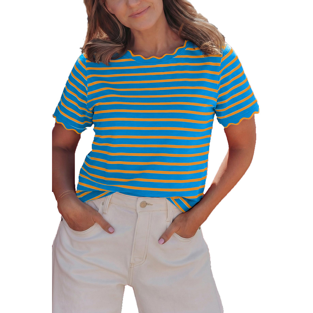 Women's Top Stripe Scalloped Trim Round Neck T Shirt