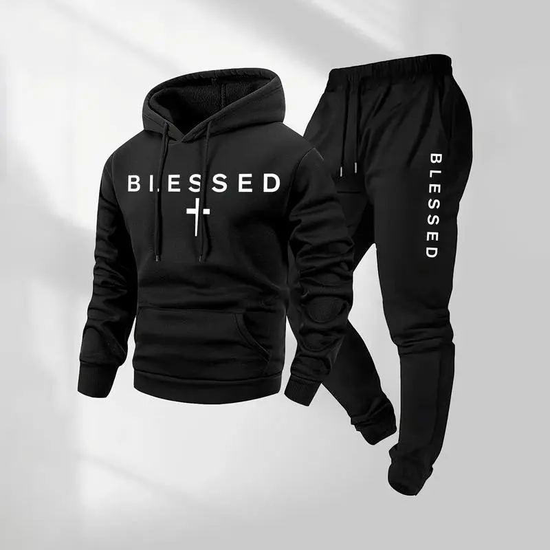 Blessed Cross Letter Print Hoodie & Drawstring Sweatpants Set