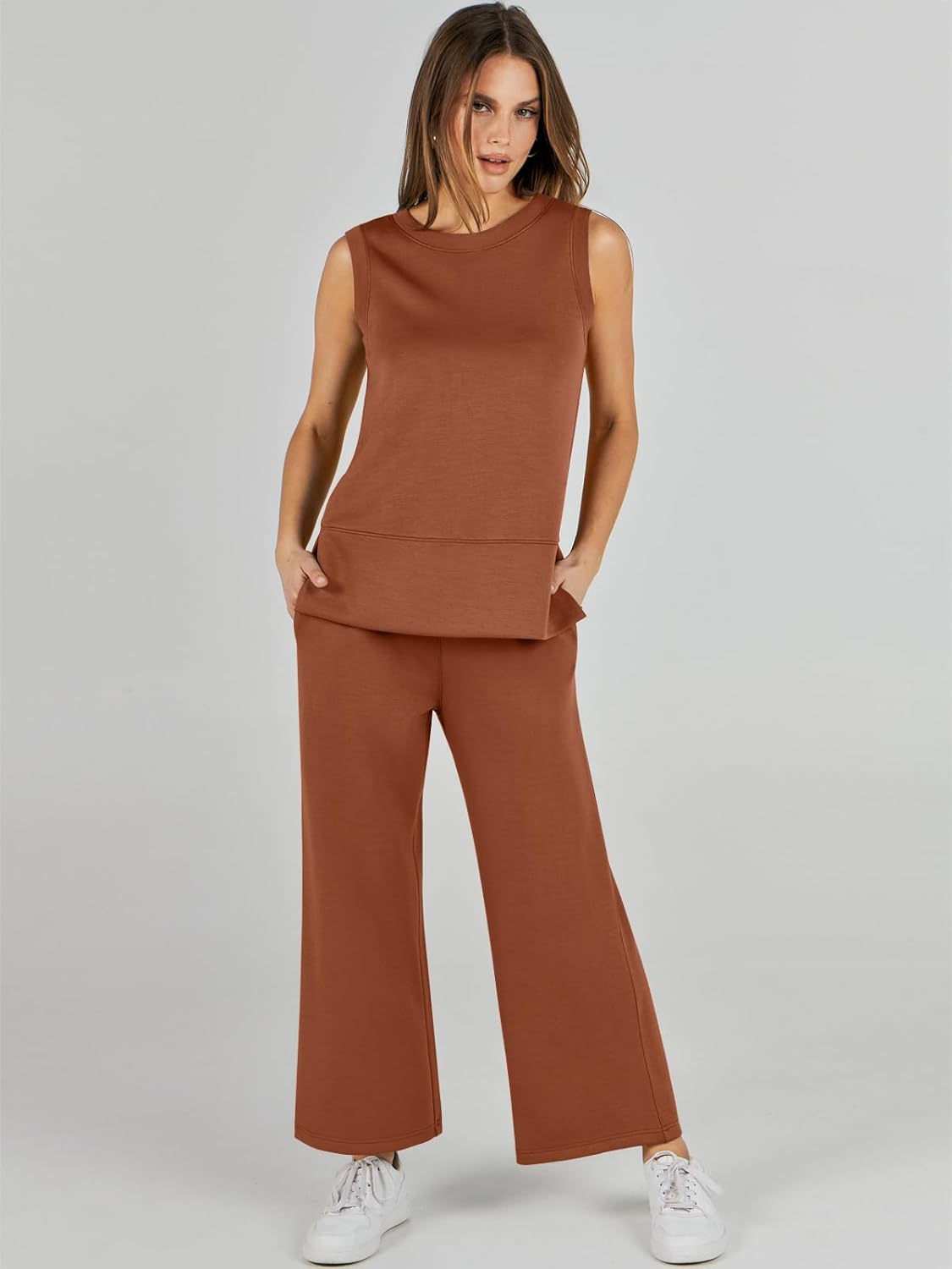 Women's 2 Piece Sets Summer Outfits Sleeveless Wide Leg Tracksuits Casual Sweat Sets Lounge Sweatsuits