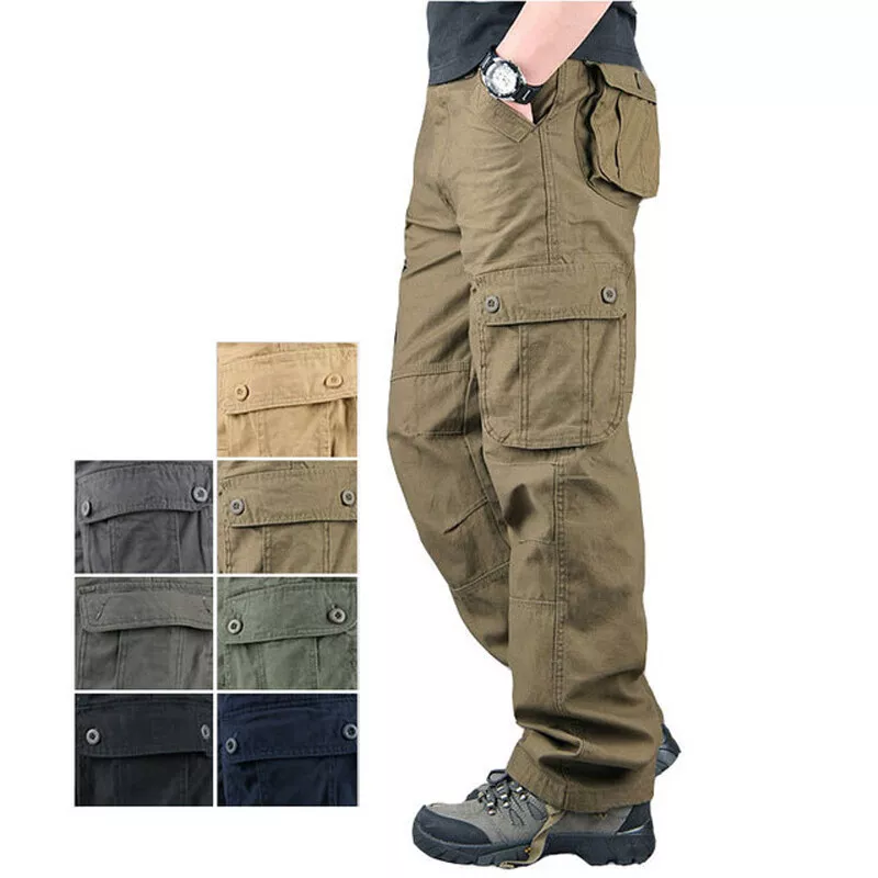 Men's Cargo Pants 100% Cotton Work Trousers Tactical Combat Outdoor Hiking Pant