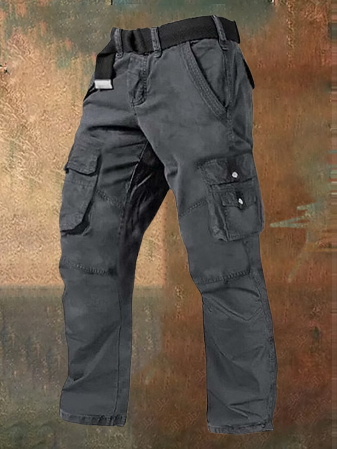 Men's Multi Pocket Plain Breathable Moisture Outdoor Daily Camping & Hiking Pants (Belt Included)
