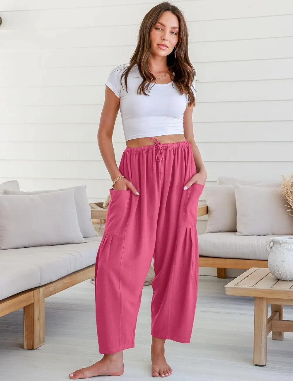 Women's Linen Wide Leg Pants Casual Loose Drawstring Low Waist with Pockets