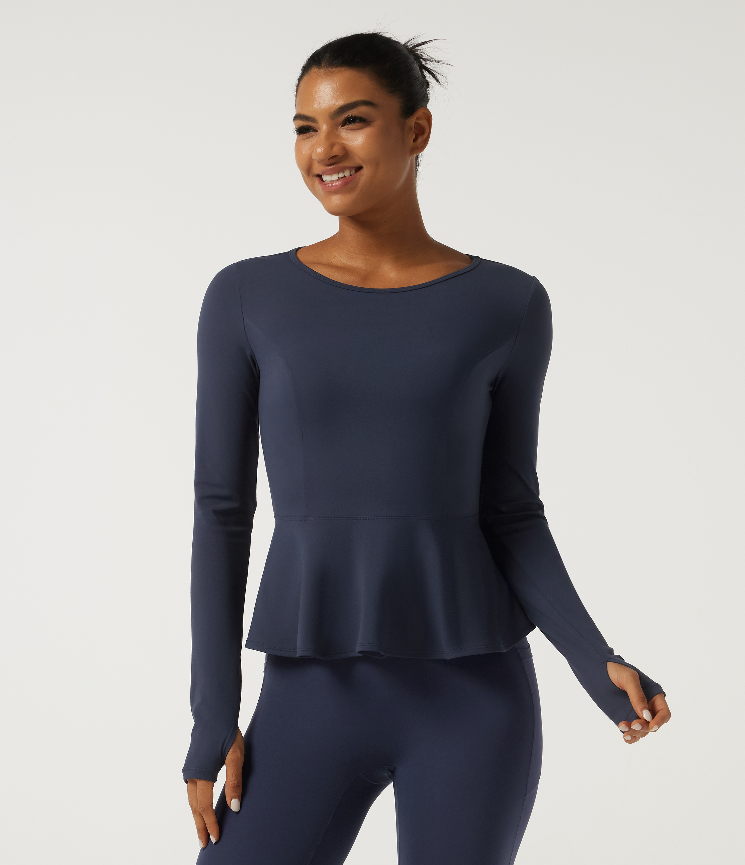 Round Neck Long Sleeve Ruffle Hem Yoga Sports Top with Thumbholes