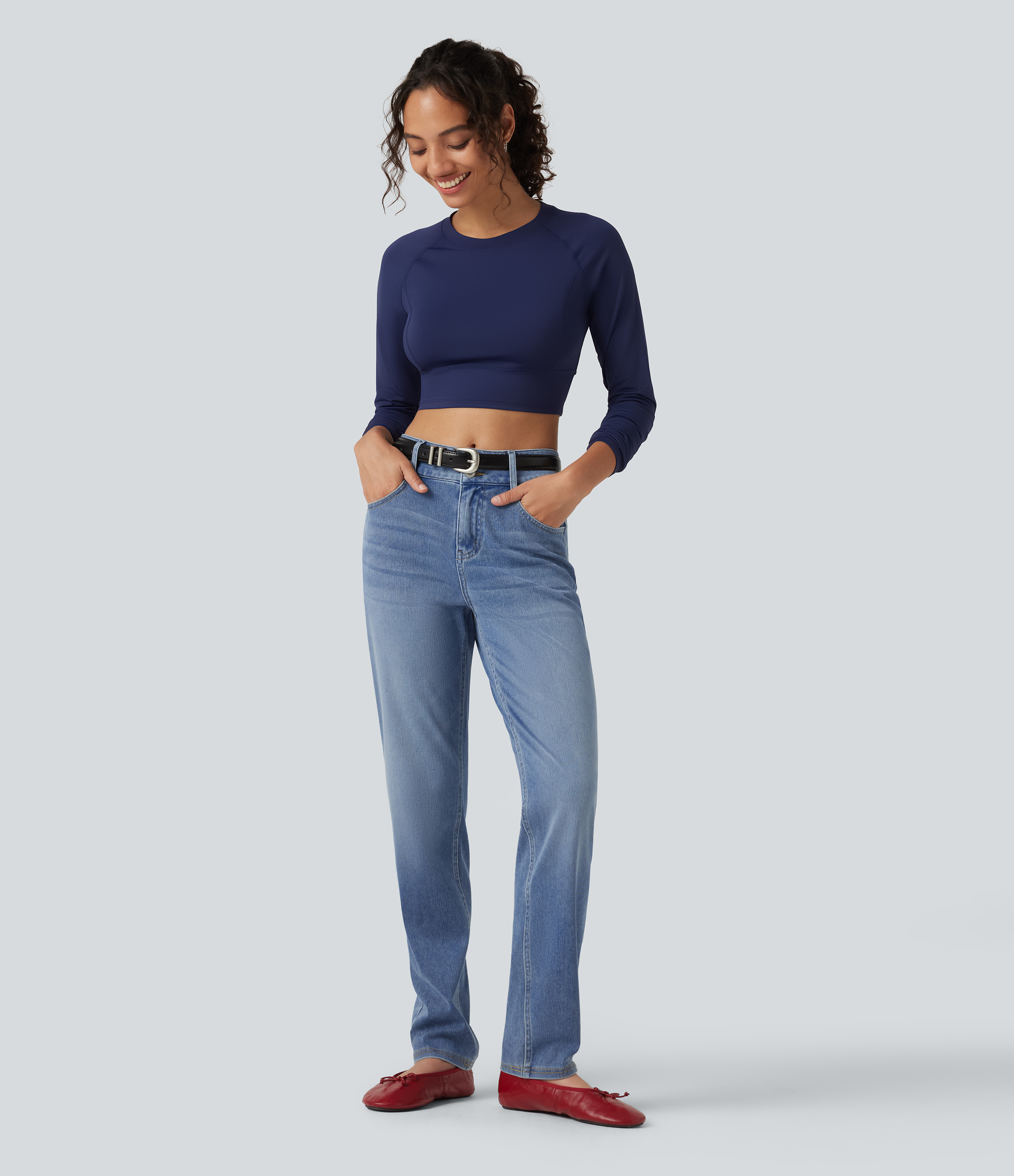 Halara Flex™ Mid Rise Straight Leg Casual Cotton Jeans with Pockets