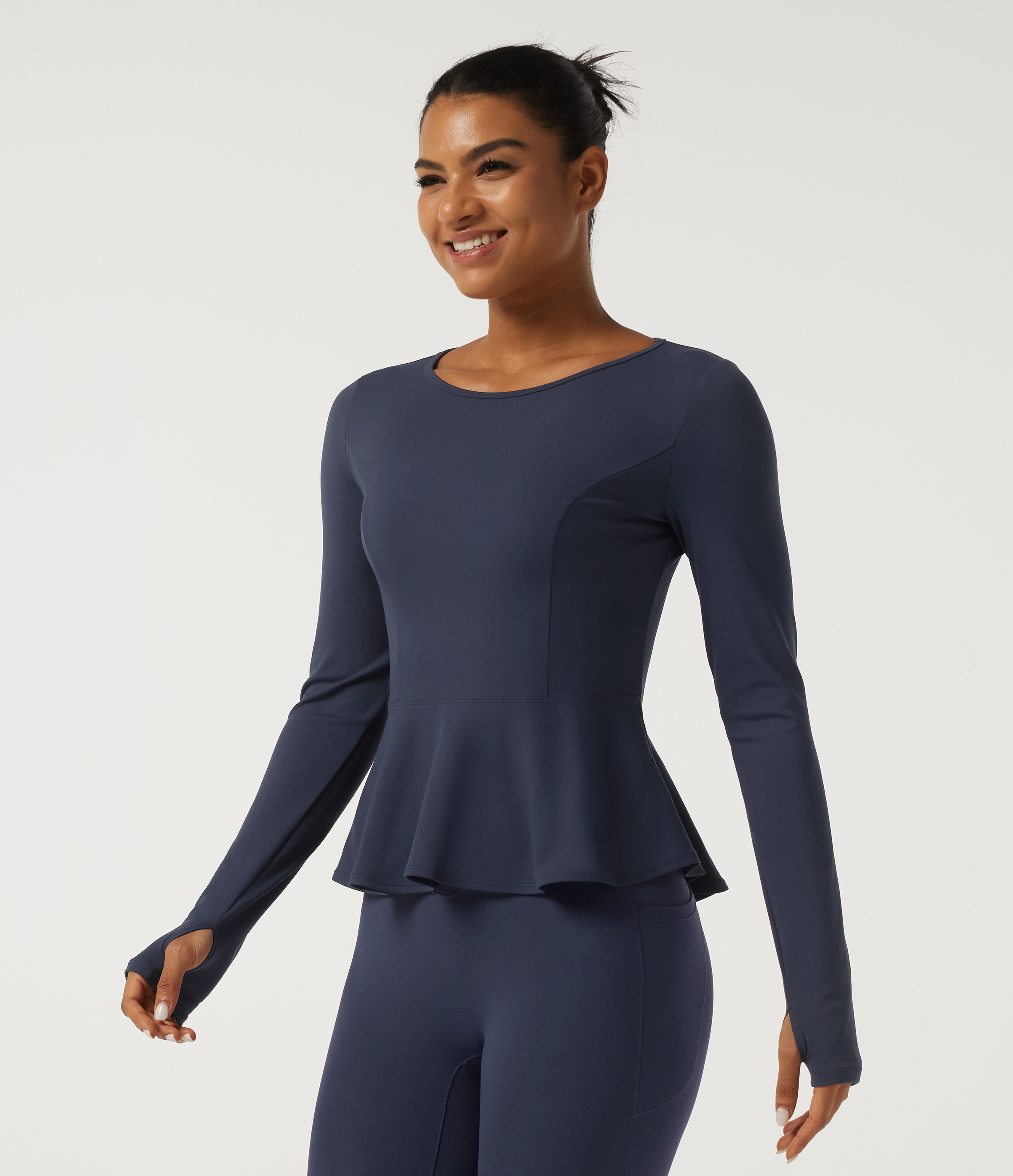 Round Neck Long Sleeve Ruffle Hem Yoga Sports Top with Thumbholes