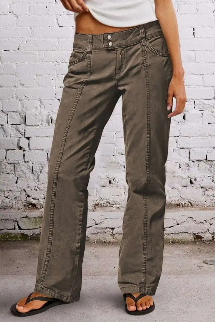 💝Last day promotion -Solid Seam Front Mid Rise Straight Leg Pants