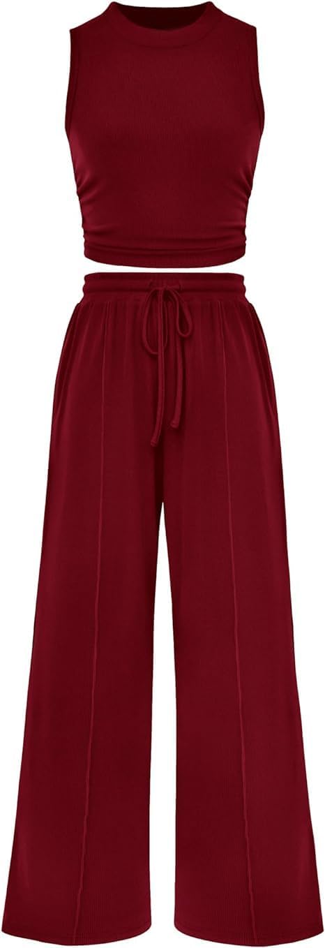 Women Summer 2 Piece Outfits Ribbed Knit Cropped Top Elastic Waist Wide Leg Pants Lounge Set