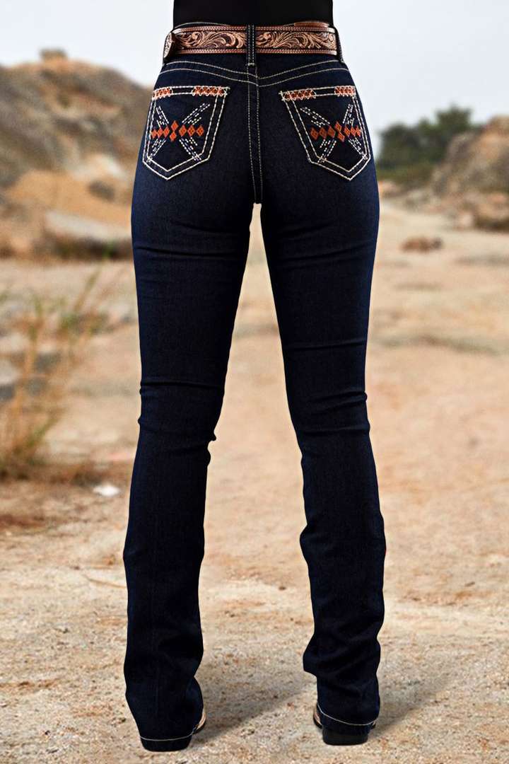 Wash Geo Embroidery Rhinestone Decor Mid Rise Bootcut Jeans Without Belt