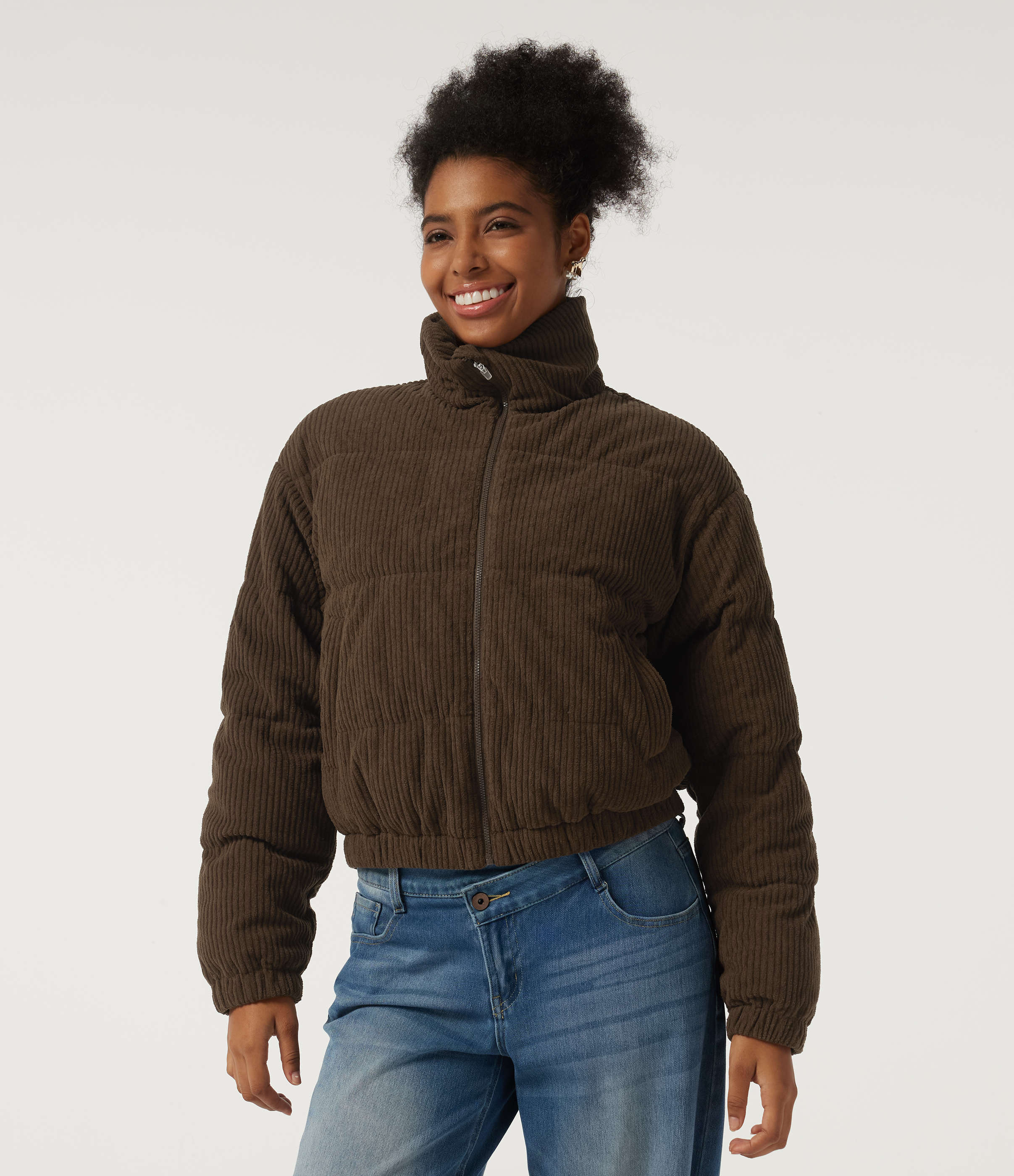 Stand Collar Corduroy Casual Puffer Jacket with Pockets