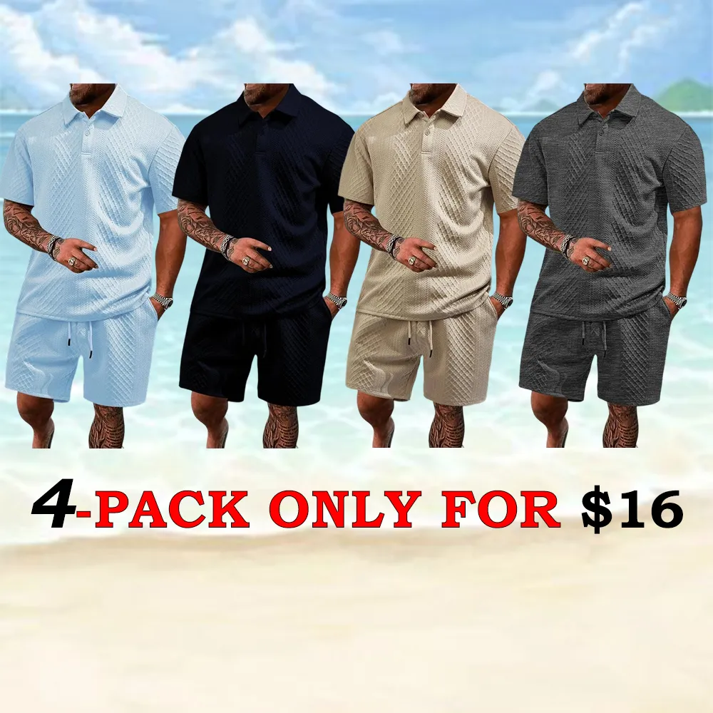Men's Solid Polo & Drawstring Shorts Set Cozy, Breathable for Daily/Beach, Summer Casual