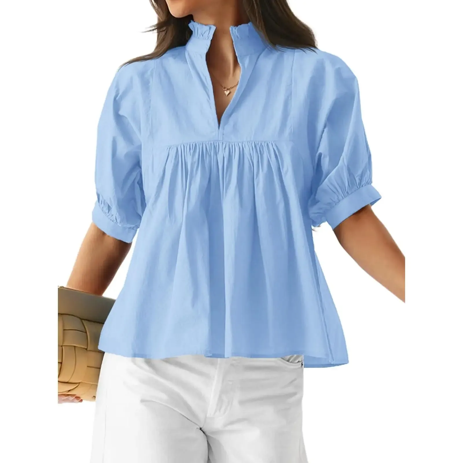 Womens V Neck Puff Sleeve Blouse Babydoll Peplum Tops Dressy Casual Pleated Loose Fit Shirts