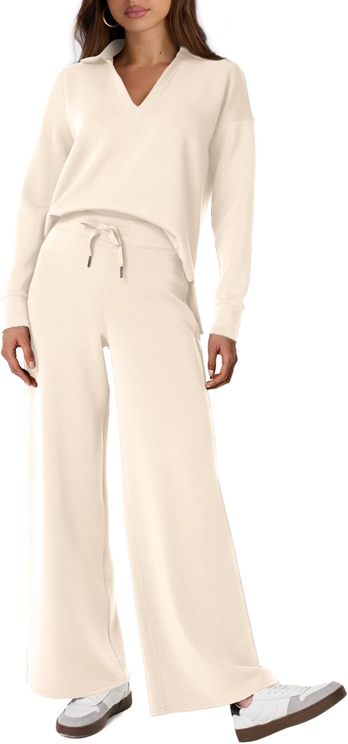 Women's 2 Piece Sets Outfits Casual Long Sleeve Sweatsuits Polo Top and Wide Leg Pants Matching Sets
