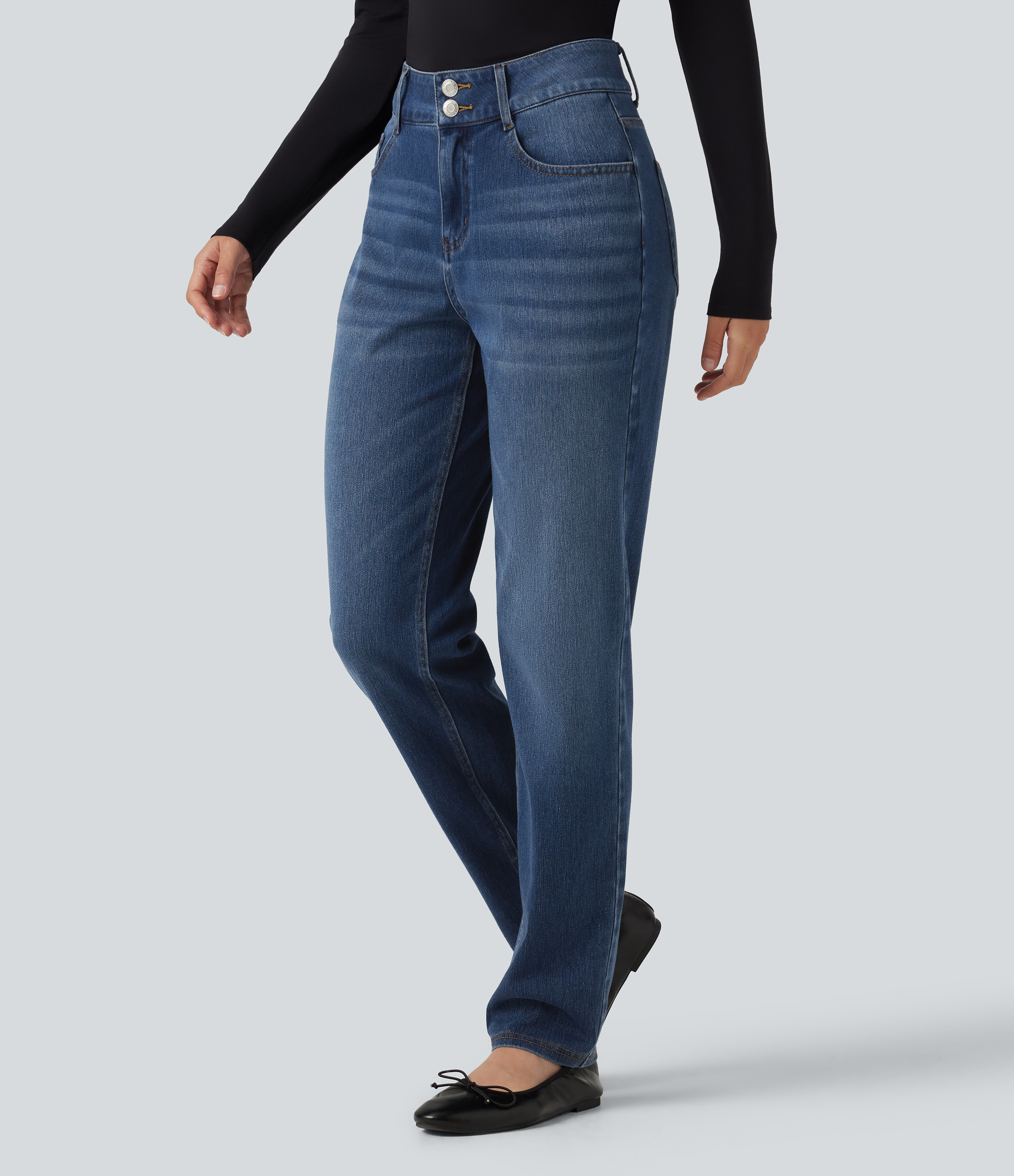 Halara Flex™ Mid Rise Straight Leg Casual Cotton Jeans with Pockets