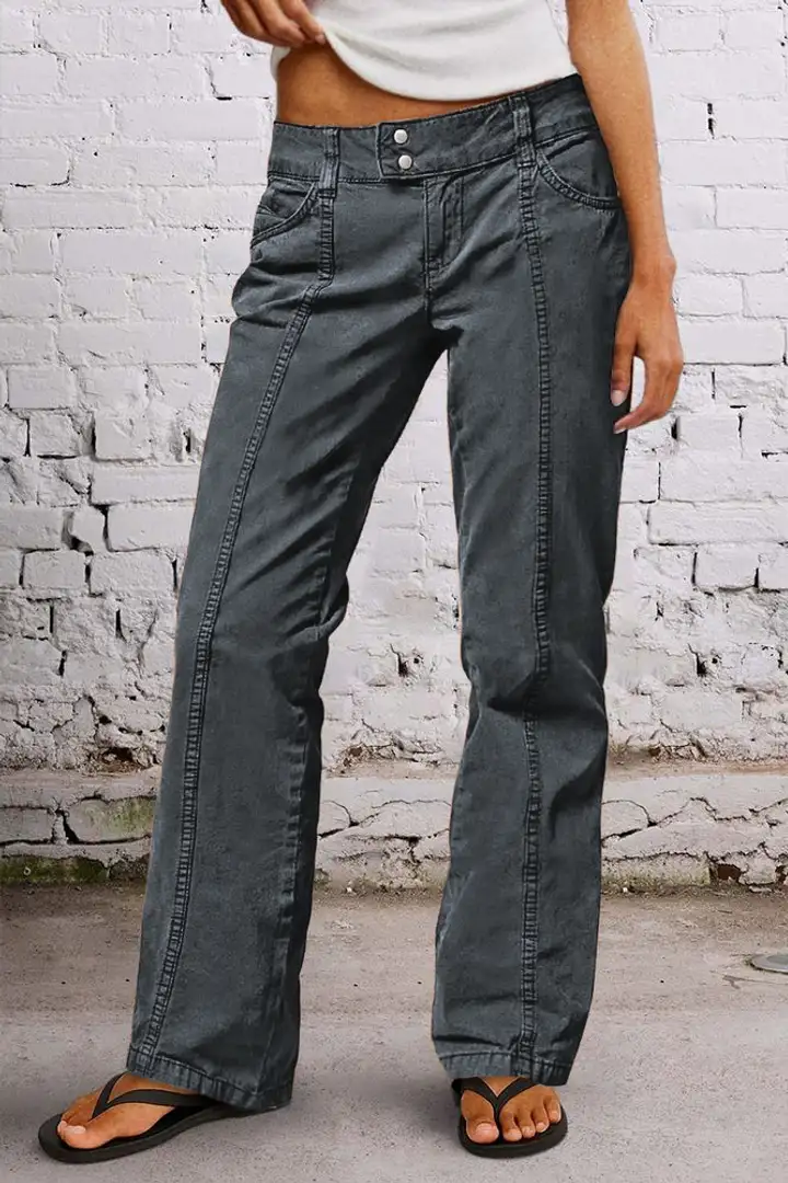 💝Last day promotion -Solid Seam Front Mid Rise Straight Leg Pants