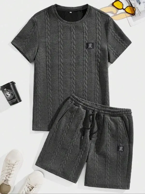 Men's Knit Casual Textured Patch Tee & Drawstring Shorts Set