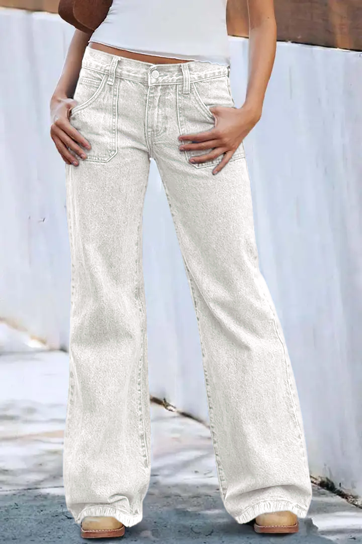 Wash Raw Hem Flap Pocket Wide Leg Low Rise Jeans
