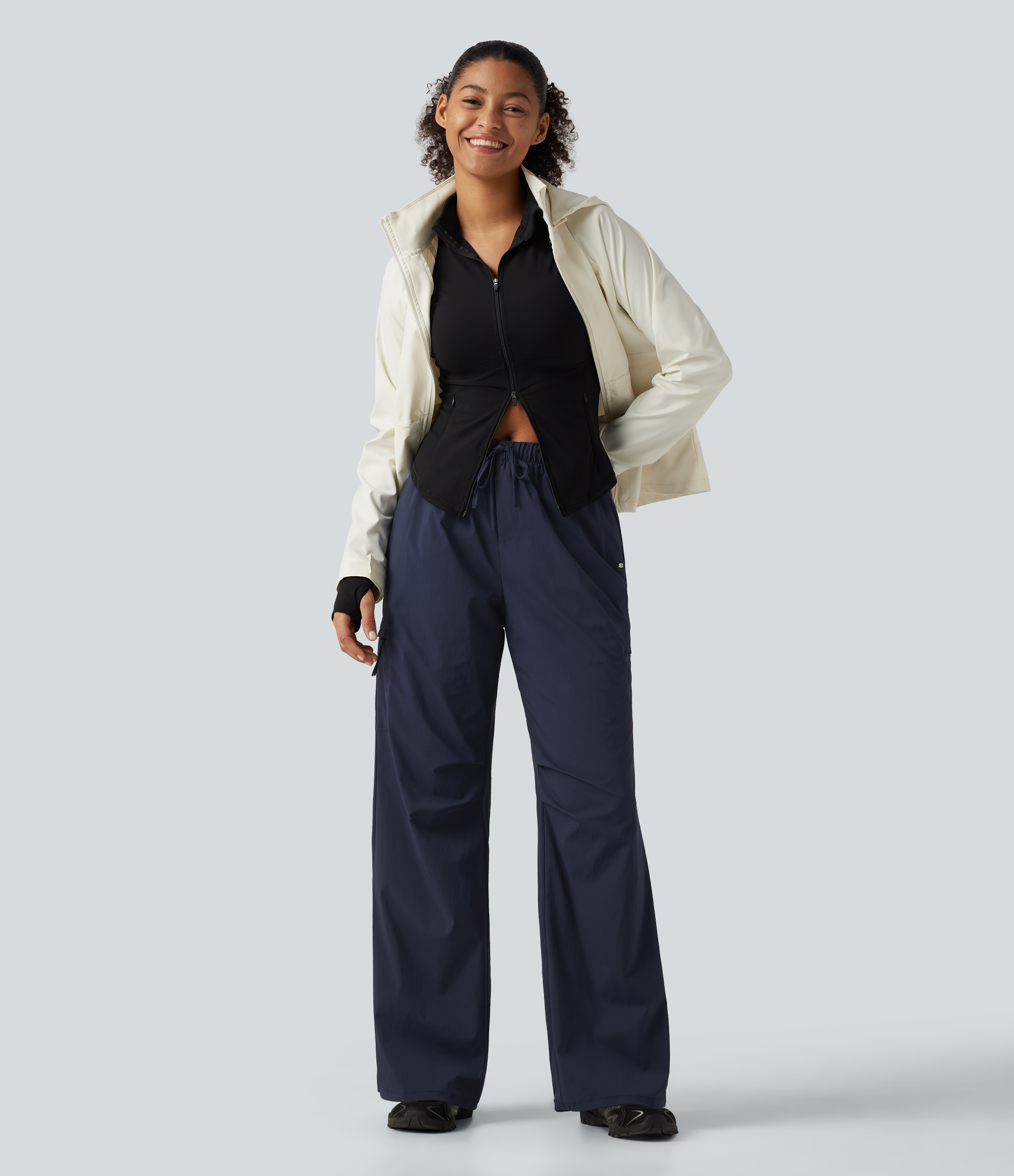 Mid Rise Drawstring Ruched Wide Leg Hiking Pants with Pockets