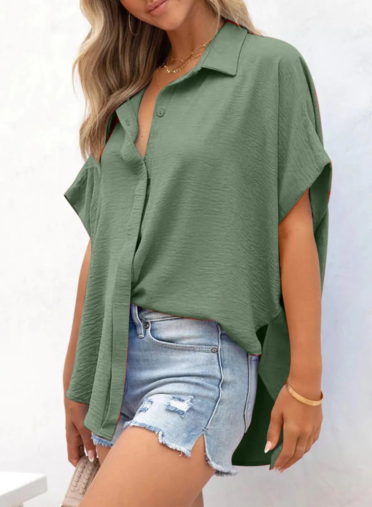 Women's Casual Button Short Sleeve Slit Hem Shirt Solid Color Tops