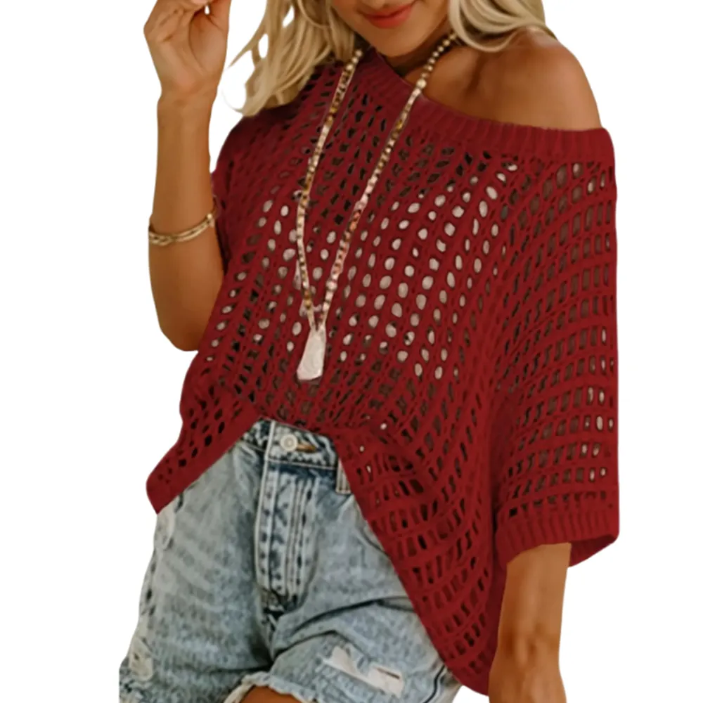 🔥Last day promotion🔥Women's Scoop Neck Crochet Knit Short Sleeve Sweater Top