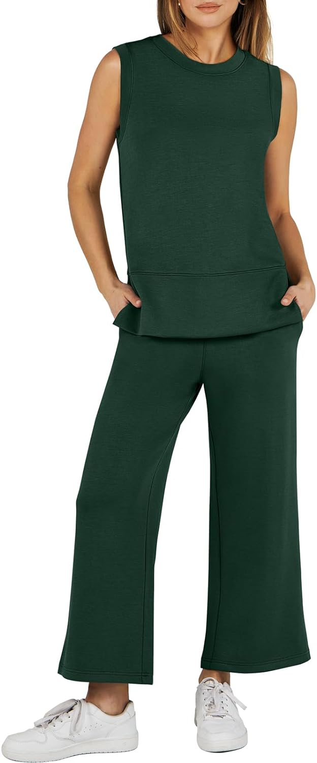 Women's 2 Piece Sets Summer Outfits Sleeveless Wide Leg Tracksuits Casual Sweat Sets Lounge Sweatsuits