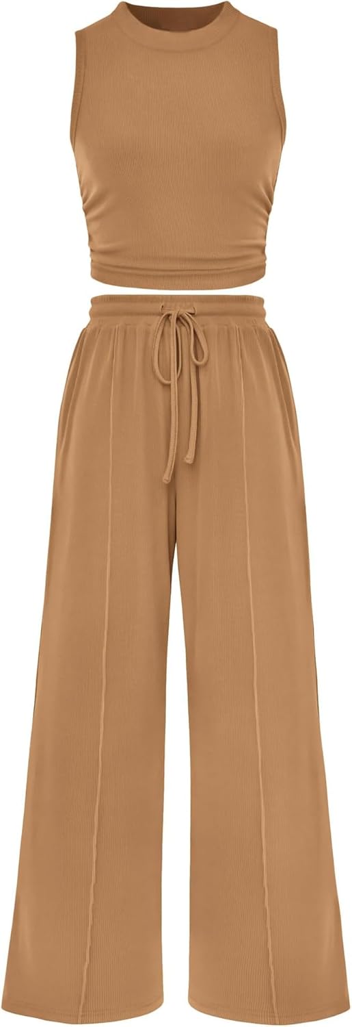 Women Summer 2 Piece Outfits Ribbed Knit Cropped Top Elastic Waist Wide Leg Pants Lounge Set
