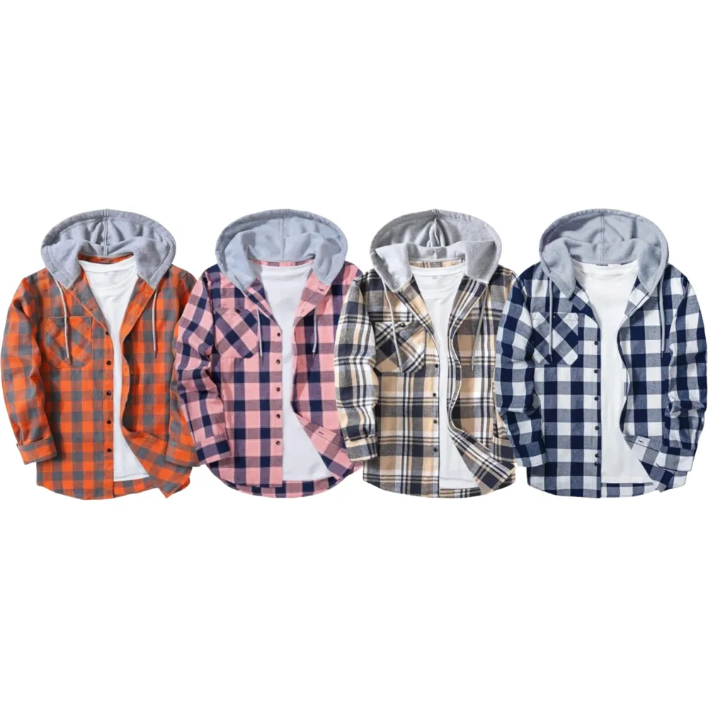 Men’s Plus Size Plaid Patchwork Hooded Jacket – Button Front Casual Outerwear with Pockets