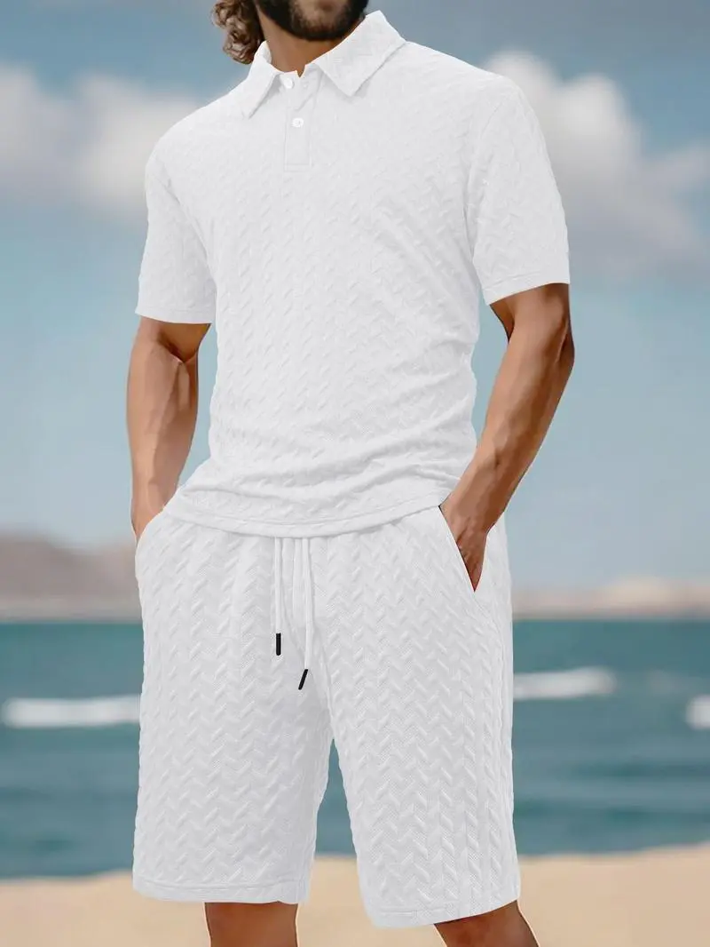 Men's Solid Polo & Drawstring Shorts Set Cozy, Breathable for Daily/Beach, Summer Casual