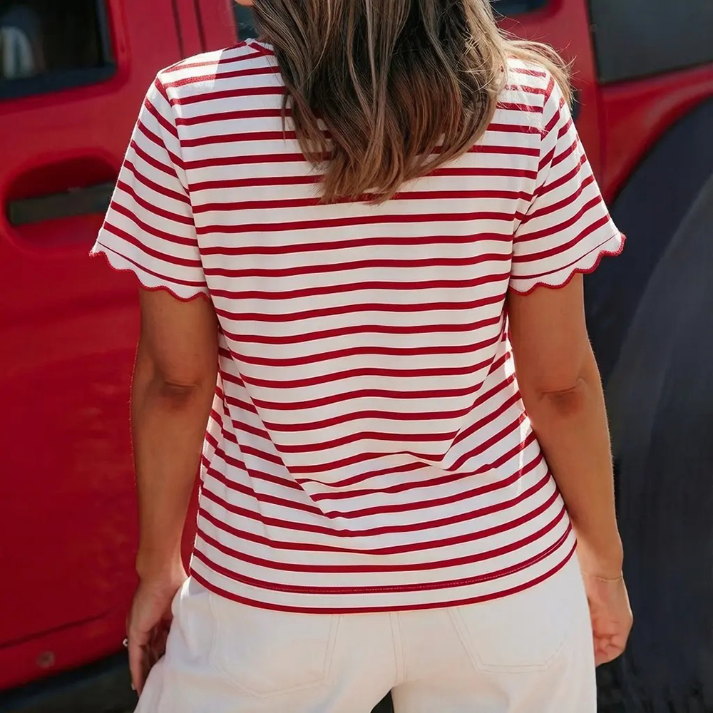 Women's Top Stripe Scalloped Trim Round Neck T Shirt