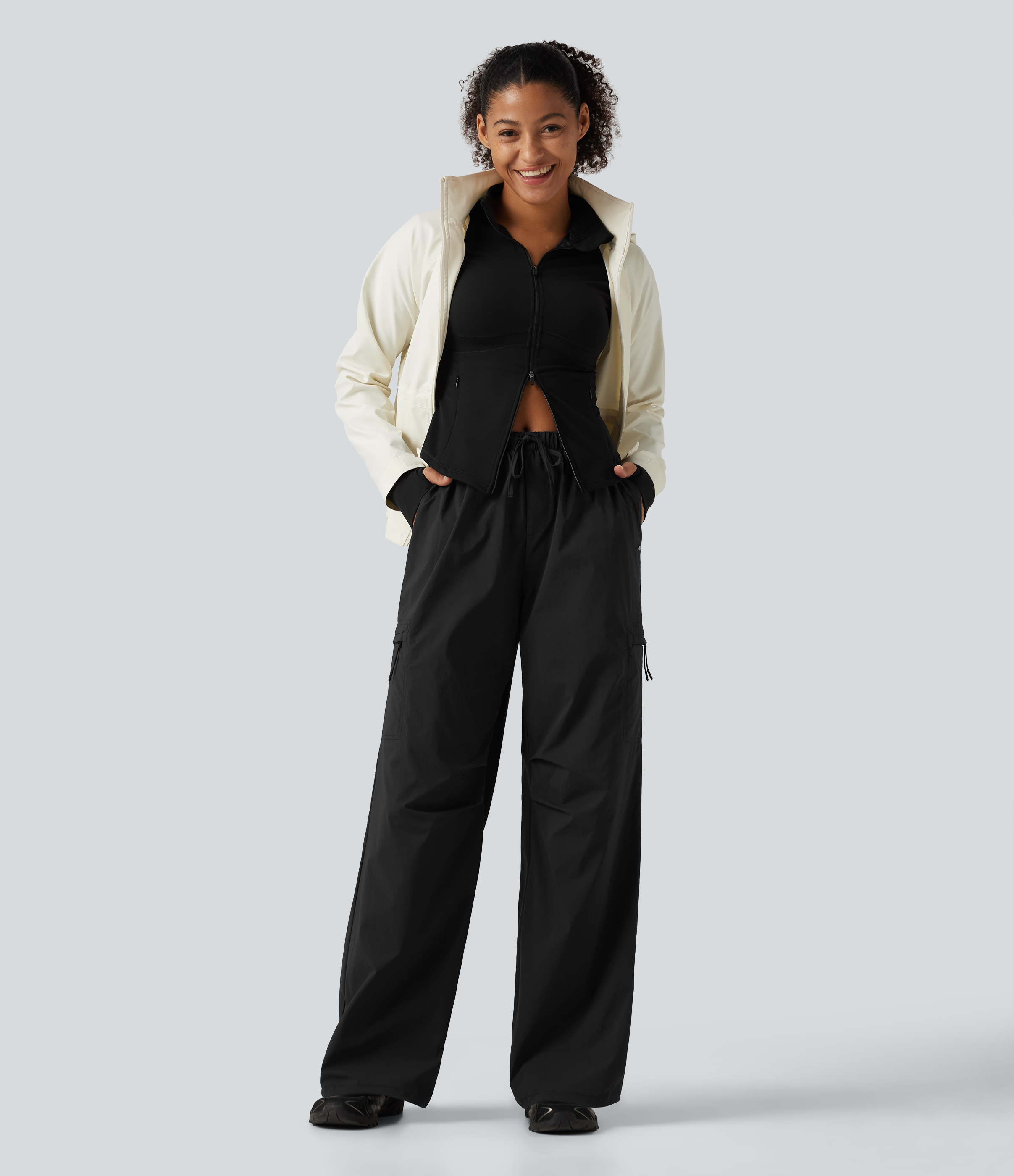 Mid Rise Drawstring Ruched Wide Leg Hiking Pants with Pockets