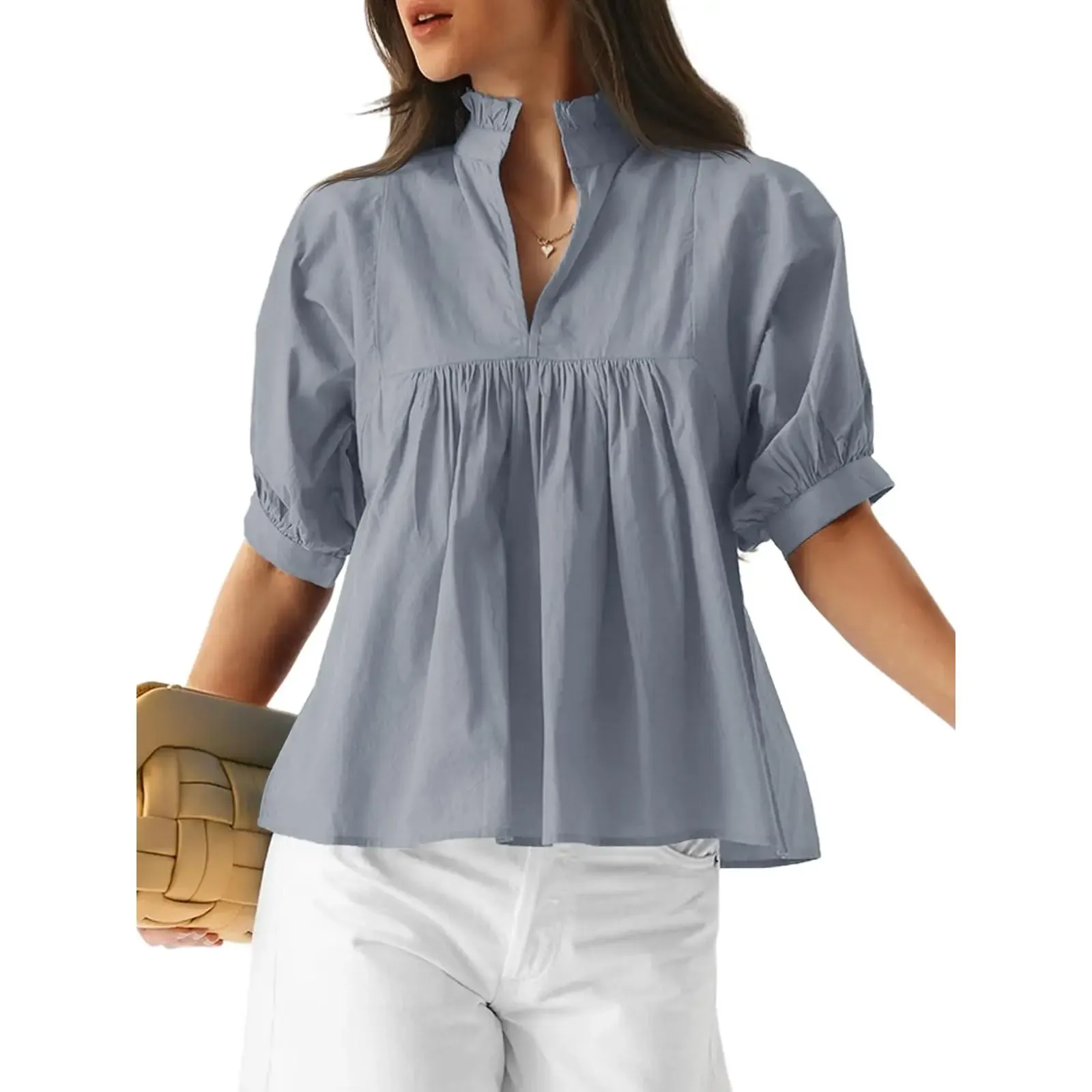 Womens V Neck Puff Sleeve Blouse Babydoll Peplum Tops Dressy Casual Pleated Loose Fit Shirts