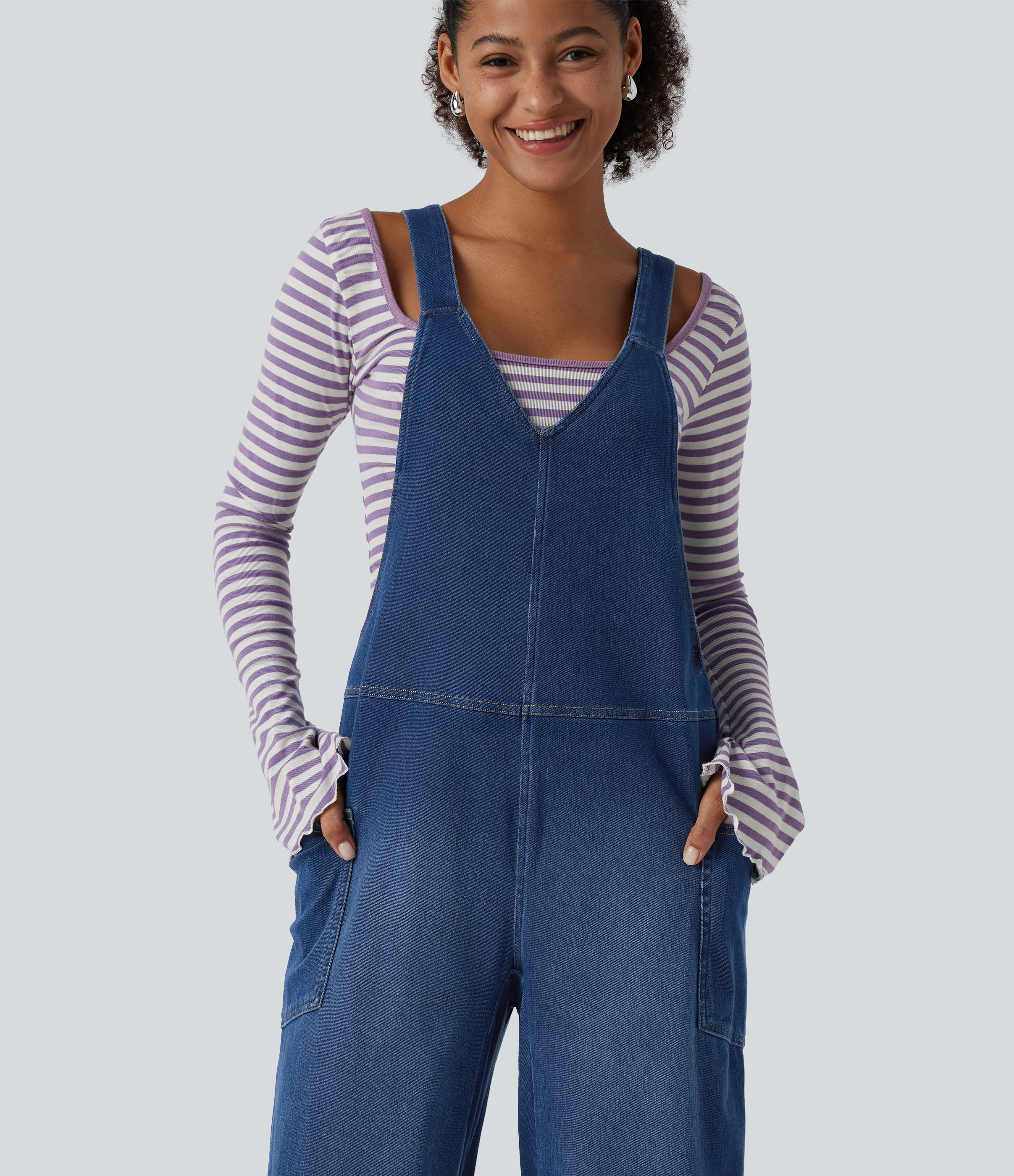 Halara Flex™ V Neck Wide Leg Denim Casual Overalls with Pockets