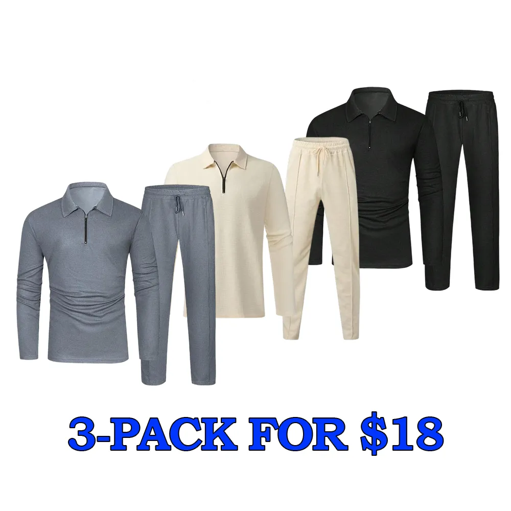 Men's Solid Textured Long Sleeve Polo Shirt & Drawstring Waist Pants Set