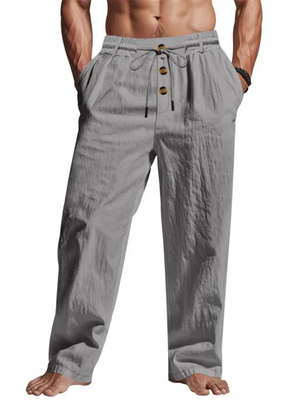 Men's Solid Button Design Linen Pants
