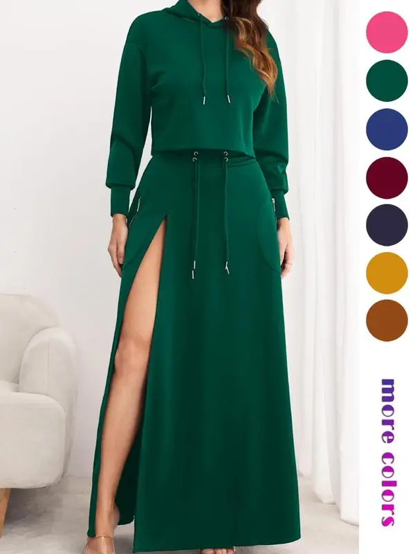 Women's Solid Drawstring Hoodie & Split Thigh Skirt Set, Long Sleeve Top & Pocket Long Skirt, Casual Fashion Cozy Co-ord Set, Women Clothes