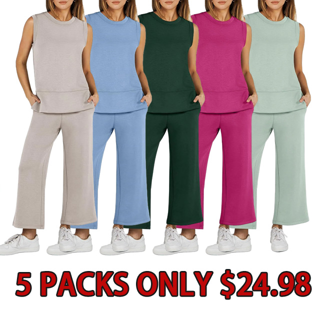 Women's 2 Piece Sets Summer Outfits Sleeveless Wide Leg Tracksuits Casual Sweat Sets Lounge Sweatsuits
