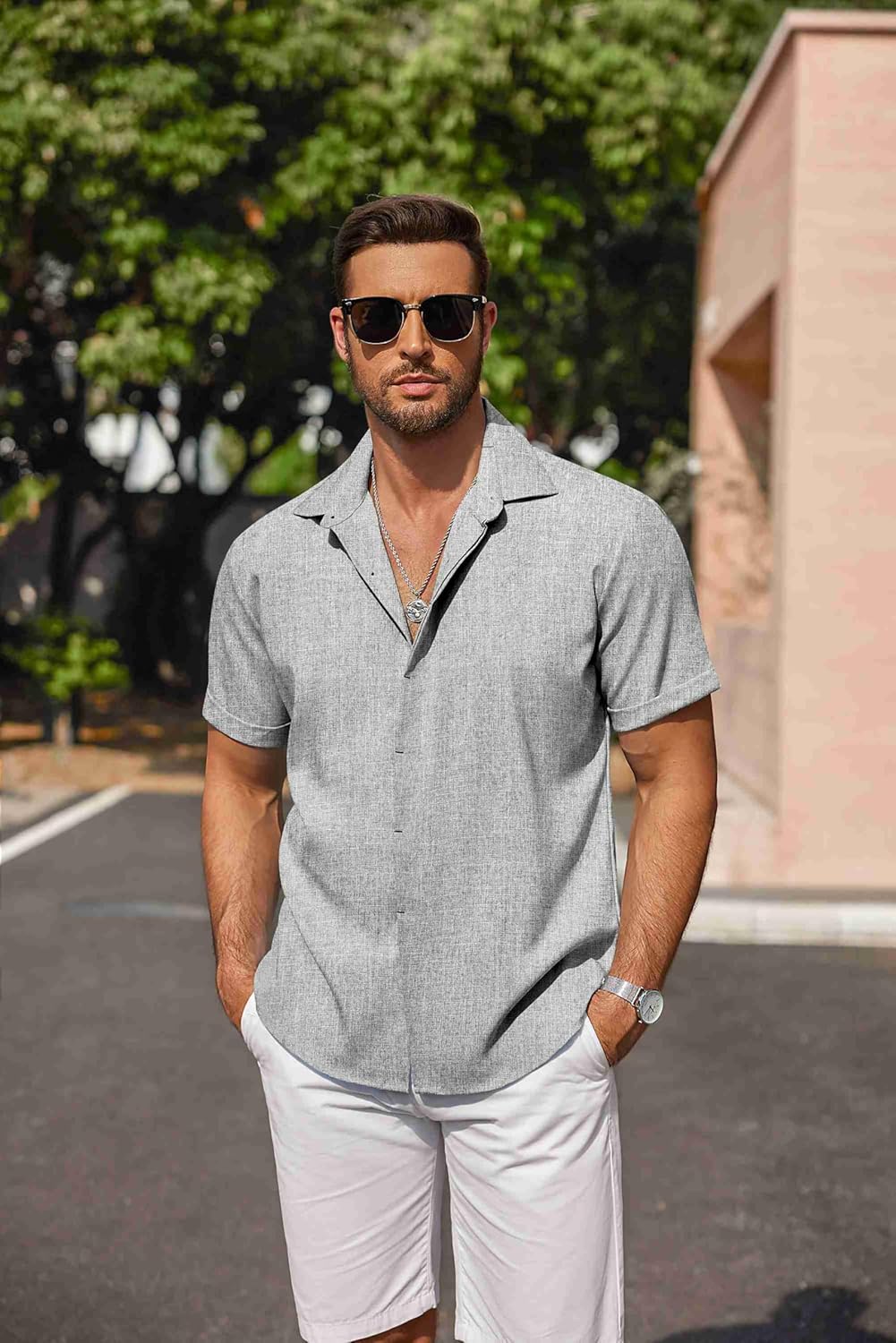 Men's Linen Shirts Short Sleeve Casual Shirts Button Down Shirt for Men Beach Summer Wedding Shirt