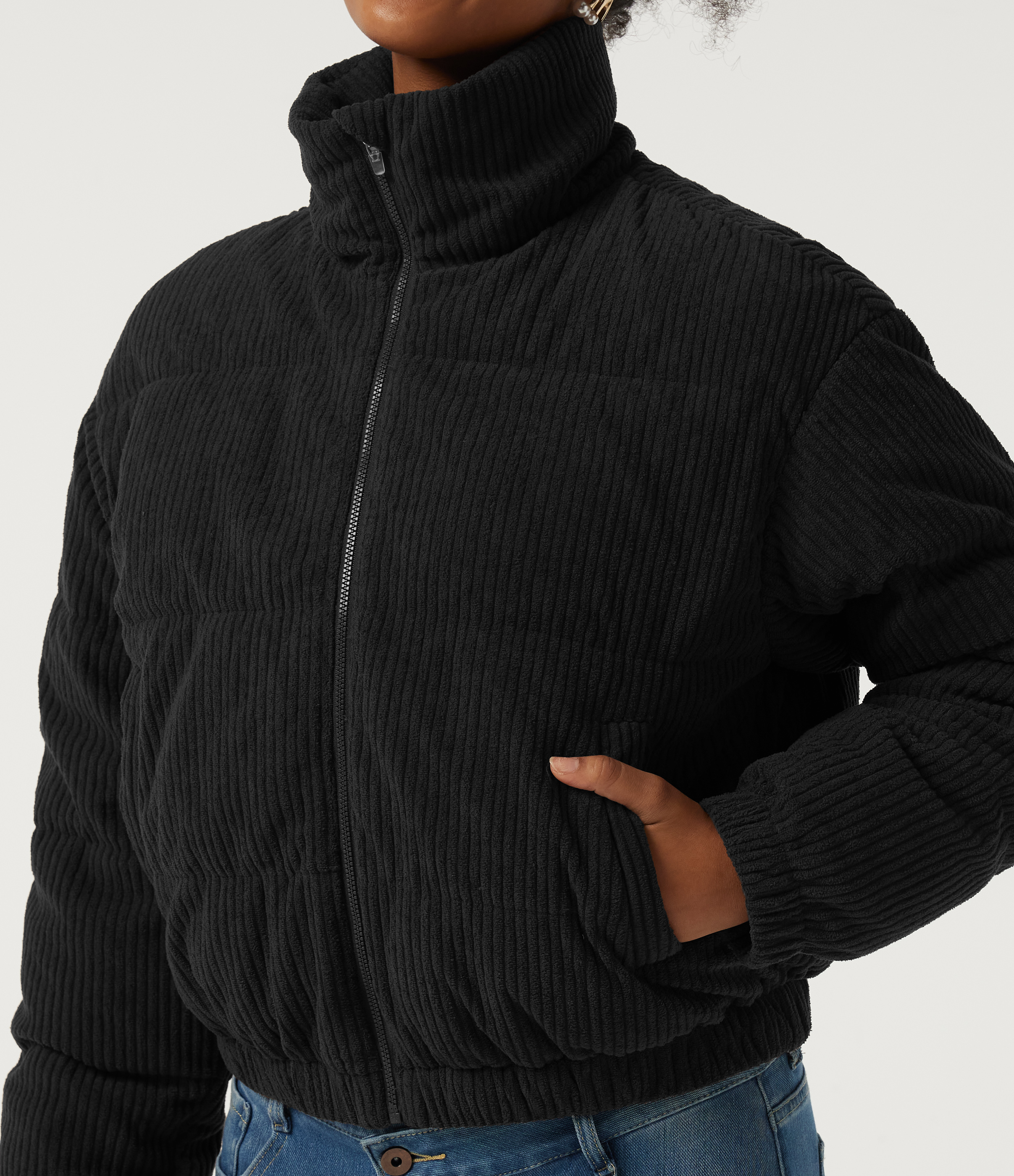 Stand Collar Corduroy Casual Puffer Jacket with Pockets