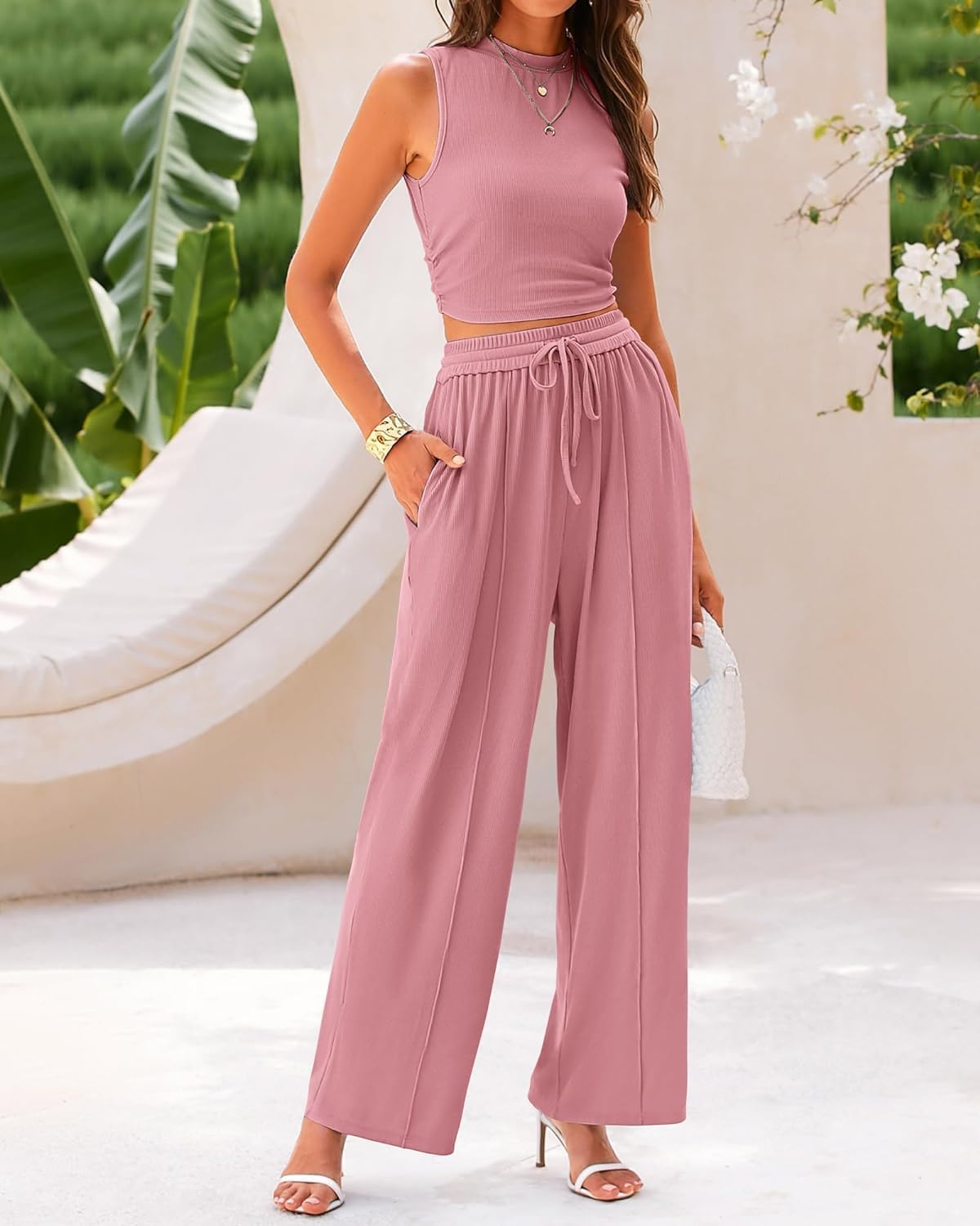 Women Summer 2 Piece Outfits Ribbed Knit Cropped Top Elastic Waist Wide Leg Pants Lounge Set