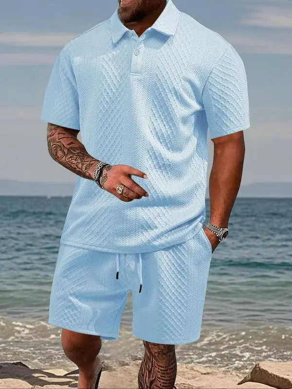 Men's Solid Polo & Drawstring Shorts Set Cozy, Breathable for Daily/Beach, Summer Casual