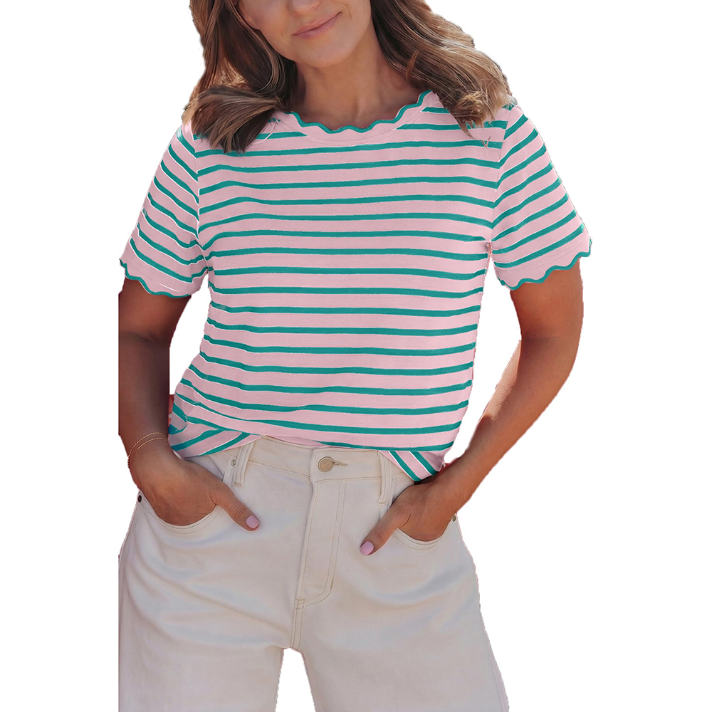 Women's Top Stripe Scalloped Trim Round Neck T Shirt