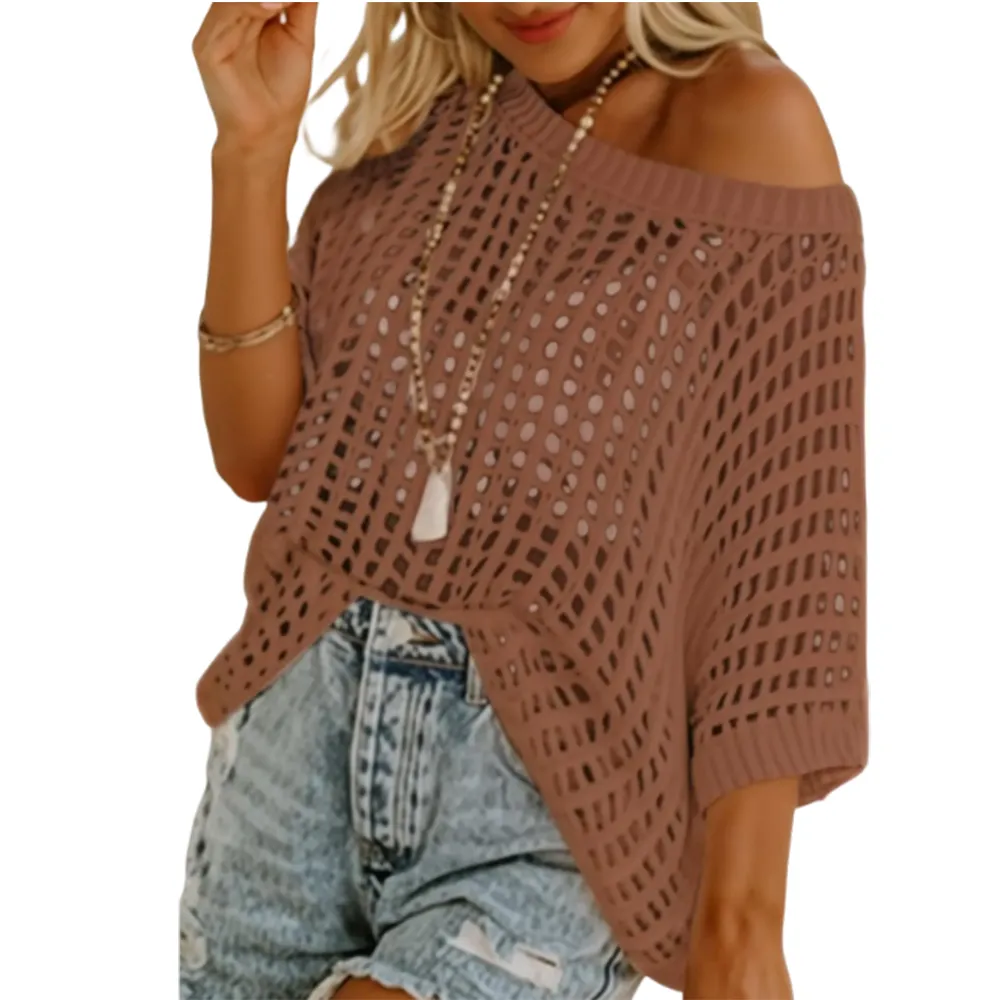 🔥Last day promotion🔥Women's Scoop Neck Crochet Knit Short Sleeve Sweater Top