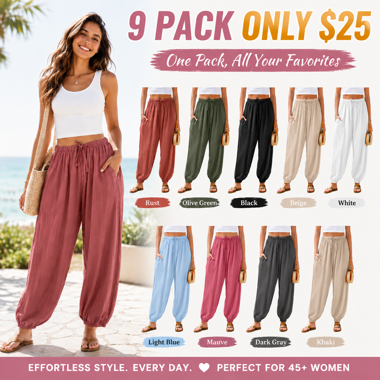 Women's Linen Wide Leg Pants Casual Loose Drawstring Low Waist with Pockets