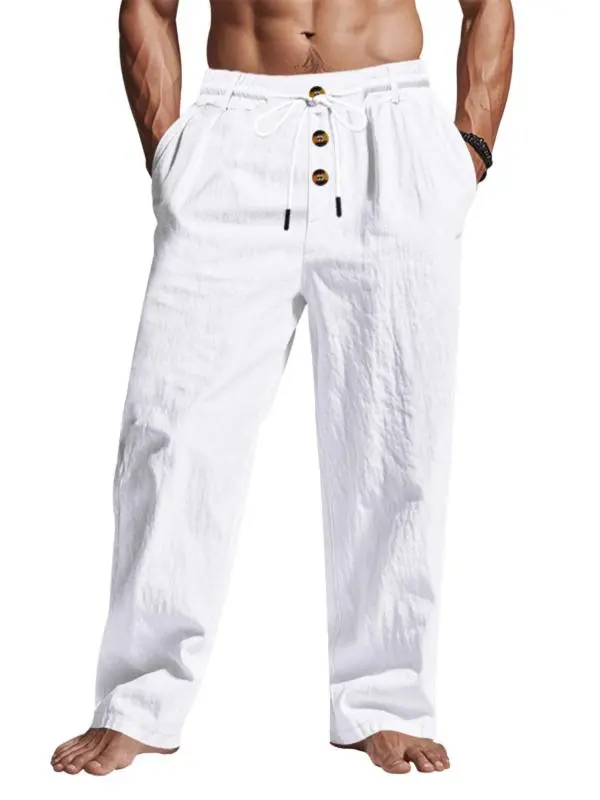 Men's Solid Button Design Linen Pants