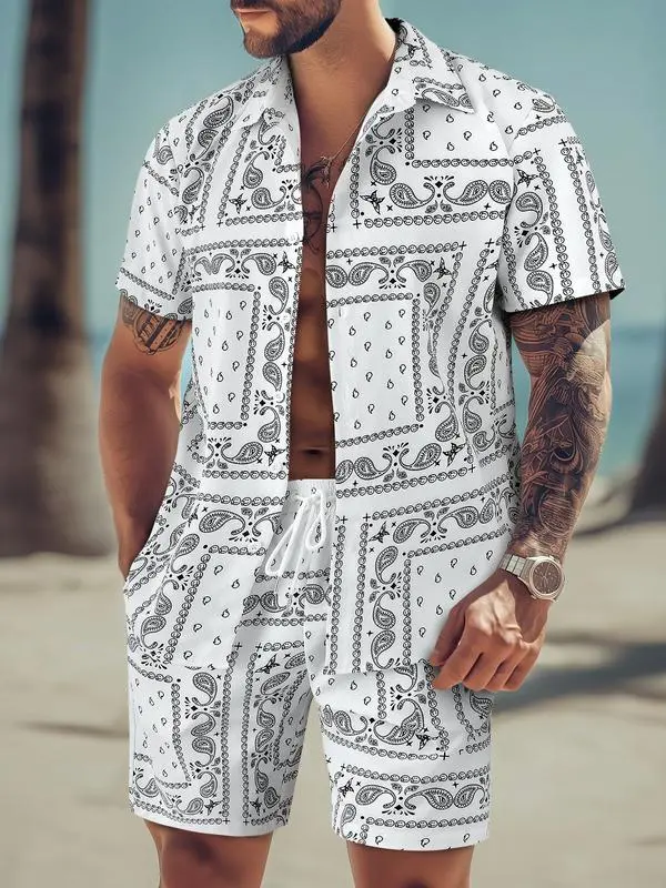Men's All-Over Print Shirt & Shorts Set Casual Button Collar, Drawstring Waist, Tropical Summer