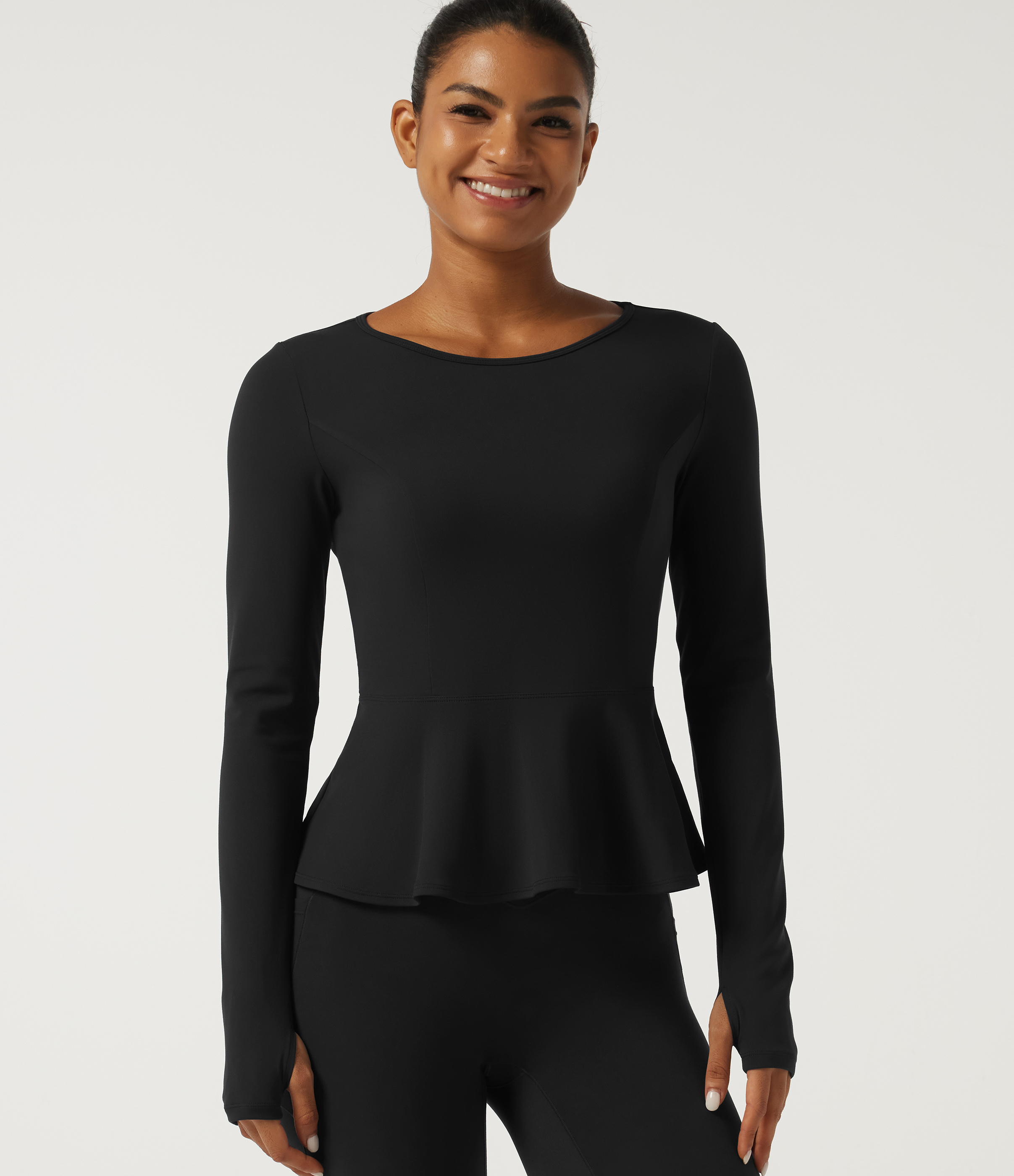 Round Neck Long Sleeve Ruffle Hem Yoga Sports Top with Thumbholes