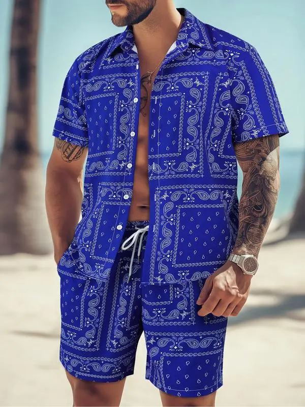 Men's All-Over Print Shirt & Shorts Set Casual Button Collar, Drawstring Waist, Tropical Summer